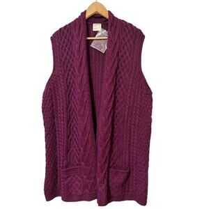 Kilronan Knitwear Merino Wool Sweater Vest Cardigan Size XXL Purple Cable Knit